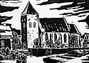 Die St.-Magnus-Kirche von der Südseite, Vitusstraße, Holzschnitt von Albert Reinker (1926-2014)