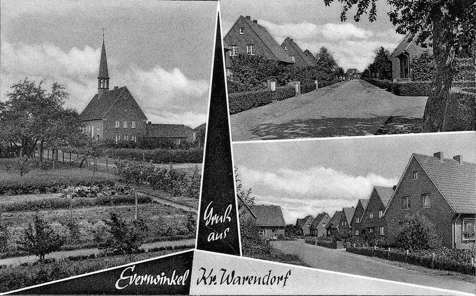 Postkarte mit drei Motiven: Horstsiedlung, Pattkamp und Evangelische Kirche