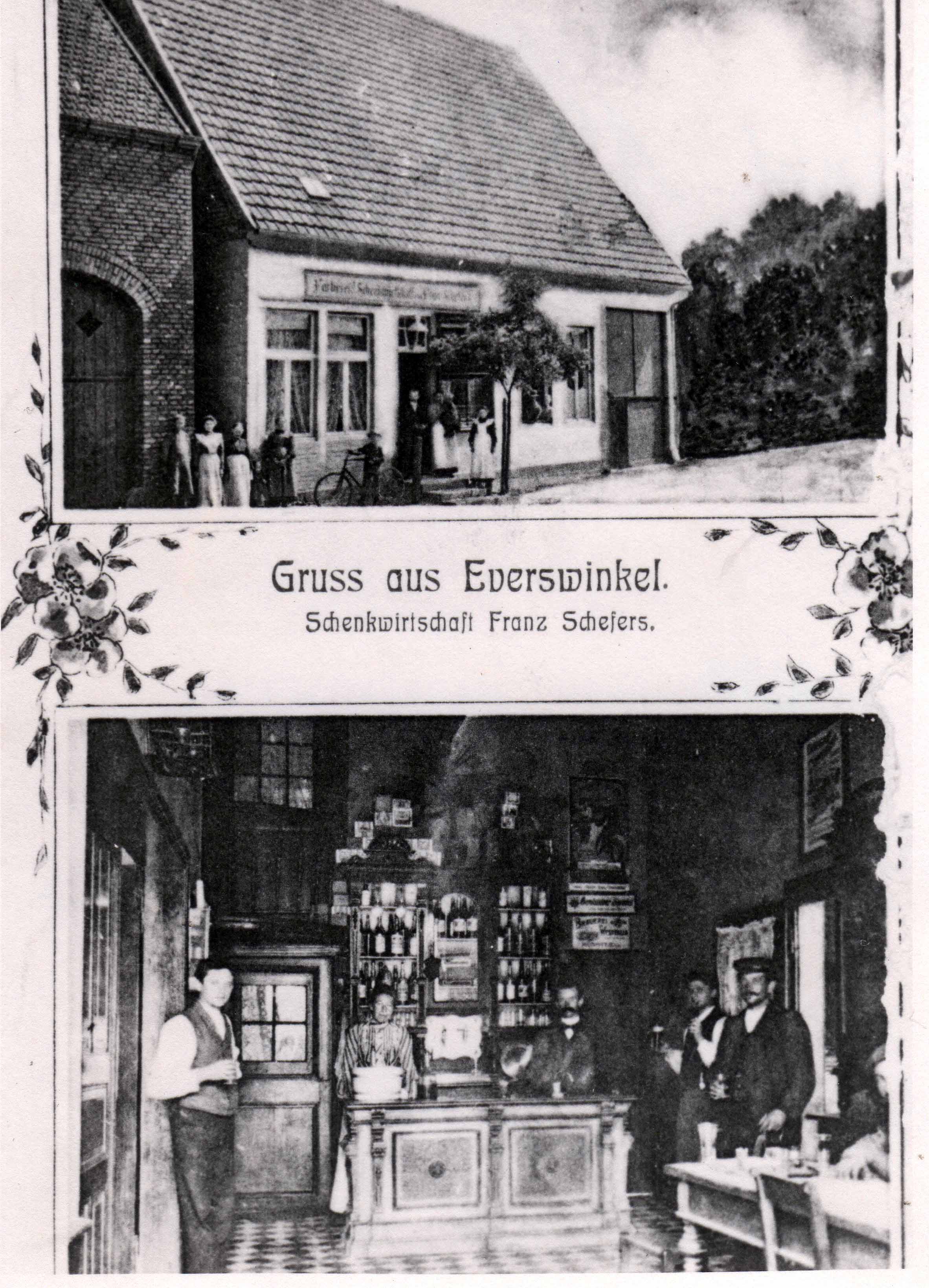 Gruß aus Everswinkel; Schenkwirtschaft Franz Schefers, eine Postkarte mit zwei Motiven: Außen- und Innenansicht.