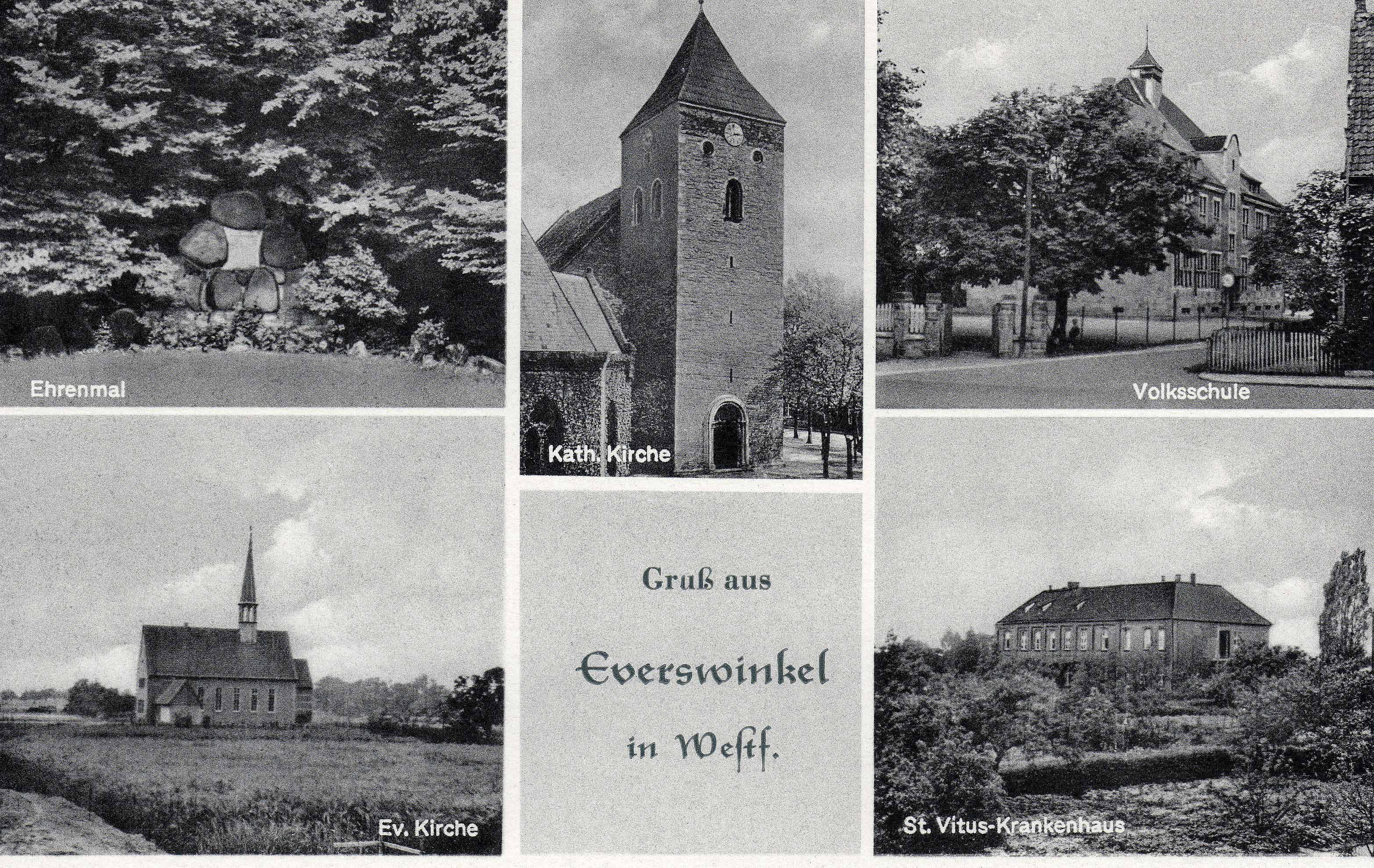 Postkarte mit dem Titel Gruß aus Everswinkel in Westf. mit den Motiven: Kirche, Schule, St.-Vitus-Krankenhaus, evangelische Kirche und Krieger-Ehrenmal