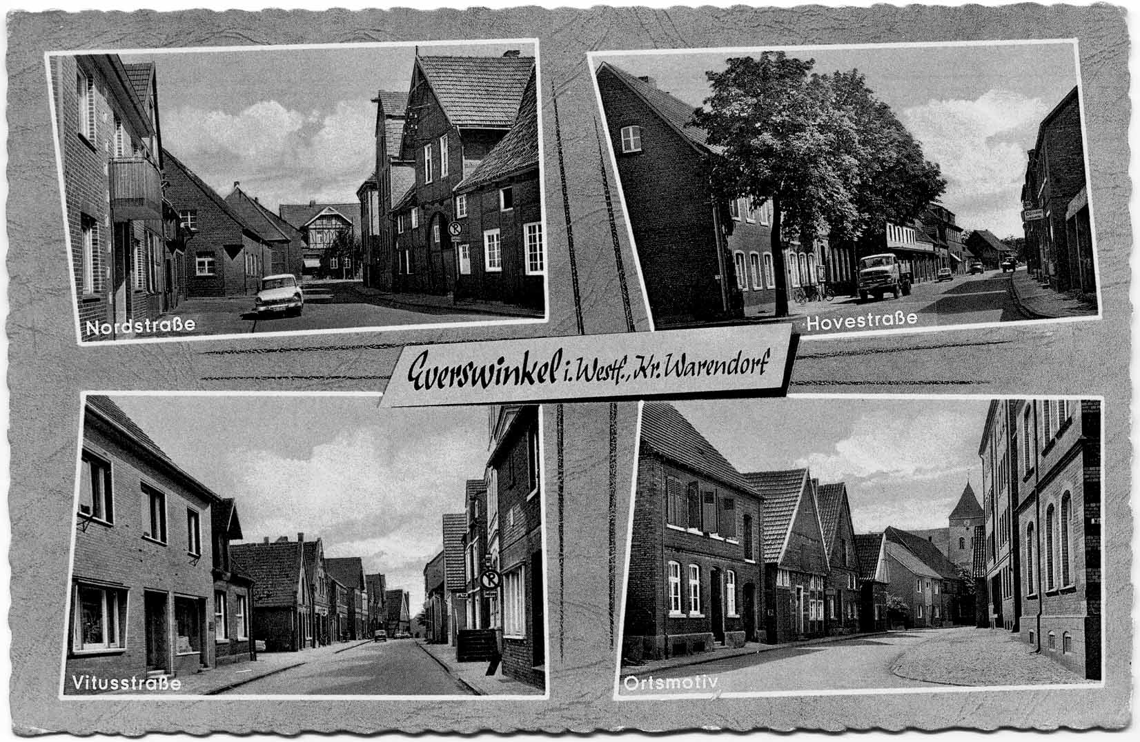 Postkarte mit vier Motiven: Nordstraße, Hovestraße, Vitusstraße und Nordstraße.