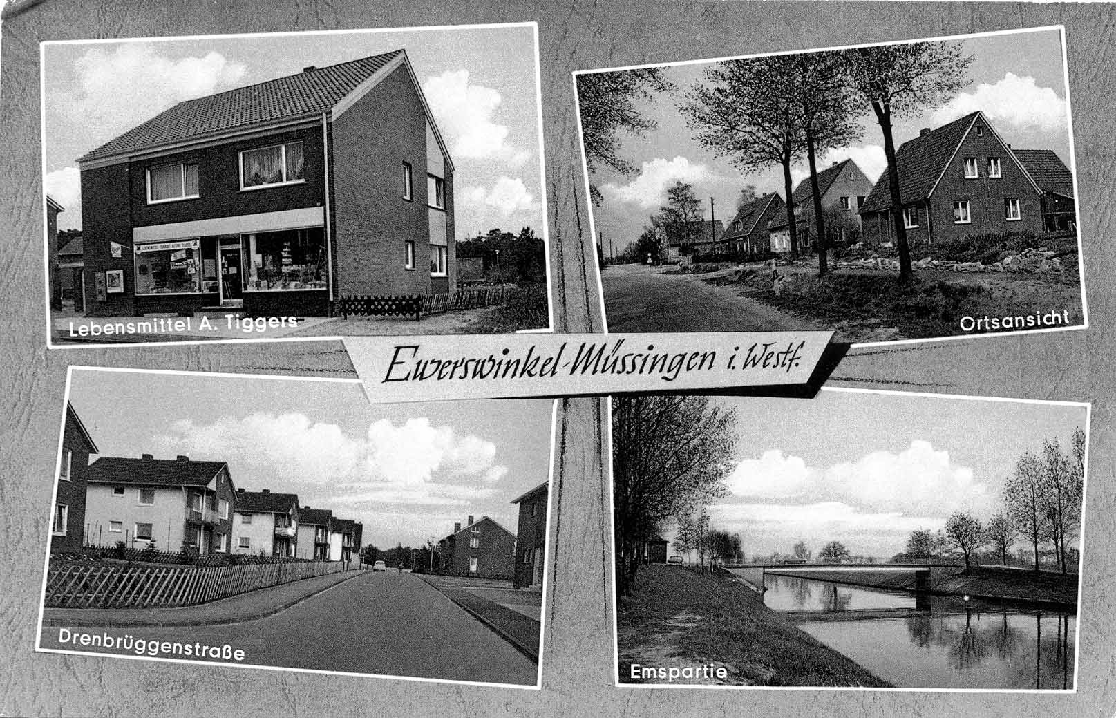 Postkarte mit dem Titel: Ewerswinkel-Müssingen i. Westf. mit den Motiven: Lebensmittel A. Tiggers, Ortsansicht, Drenbrüggenstraße und Emspartie