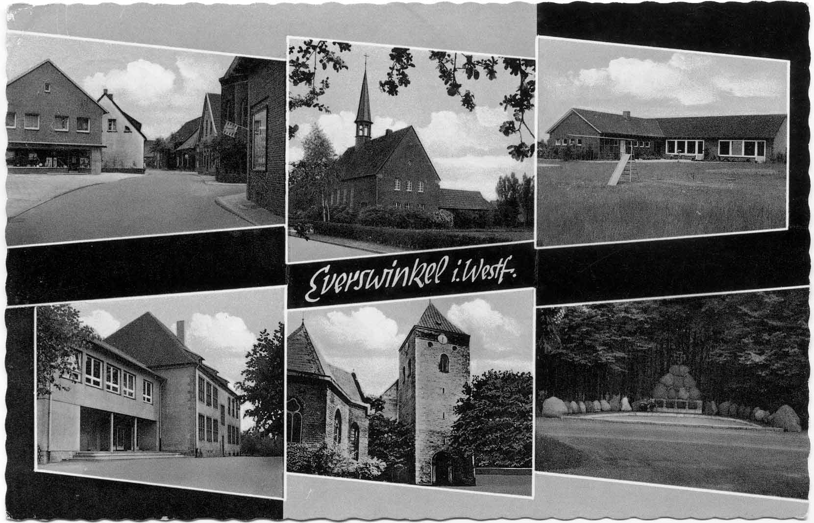 Postkarte mit sechs Motiven: Nordstraße, evangelische Kirche, St.-Magnus-Kindergarten, Schule, kath. Kirche und Ehrenmal.