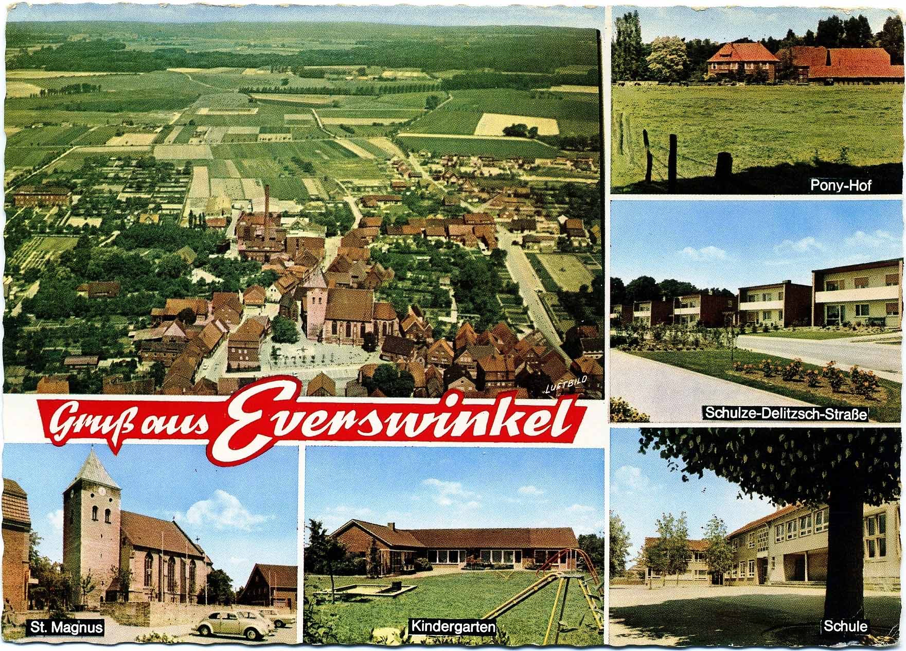 Postkarte mit sechs Motiven: Luftbild, Pony-Hof, Schulze-Delitsch-Straße, St.-Magnus-Kirche, St.-Magnus-Kindergarten und Schule