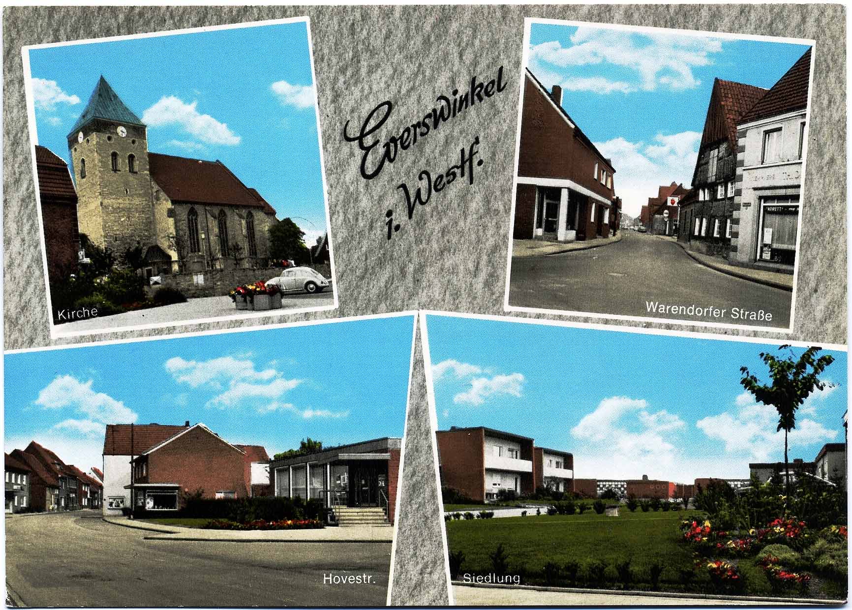 Postkarte mit dem Titel Everswinkel i. Westf. mit vier Motiven: Kirche, Warendorfer Straße, Hovestraße und Siedlung.  Die schwarz-weiß Fotos wurden nachträglich koloriert.