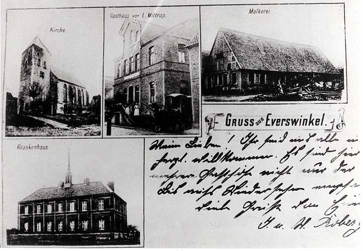 Gruß aus Everswinkel Postkarte mit vier Motiven: Kirche, Gastwirtschaft Mittrup, Molkerei und Krankenhaus