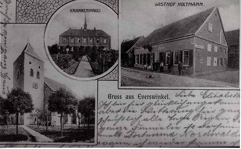 Gruß aus Everswinkel; Postkarte mit drei Motiven: Kirche, Krankenhaus und Gasthof Holtmann