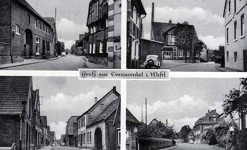 Postkarte mit dem Titel Gruß aus Everswinkel in Westf. mit vier Motiven: Nordstraße, Hovestraße, Vitusstraße und Warendorfer Straße