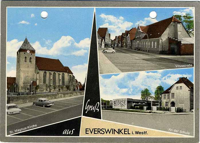 Postkarte mit dem Titel Gruß aus Everswinkel i/Westf. mit drei Motiven: St.-Magnus-Kirche, Vitusstraße und Schule mit Festhalle. Die schwarz-weiß Fotos wurden nachträglich koloriert