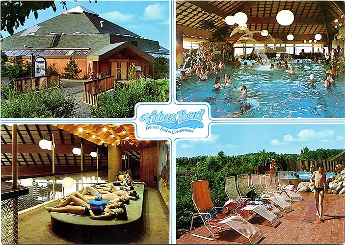 Postkarte mit dem Titel Vitus-Bad Freizeit-Bad in Everswinkel und vier Motiven: Außenansicht, Schwimmhalle, Solarium und Terrasse