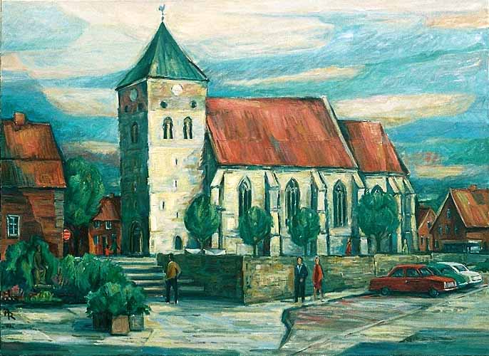 Ansicht des Kirchplatzes und der St.–Magnus–Kirche von der Vitusstraße 