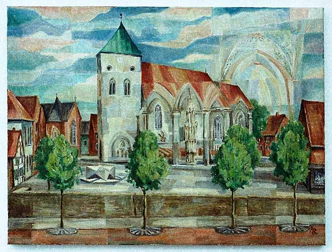 Ansicht des Kirchplatzes und der St.-Magnus-Kirche von Süden, von der Vitusstraße 